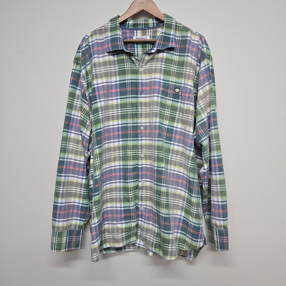 Tommy Bahama Plaid Button Down Shirt Mens XXXL Green Cotton Tencel Casual